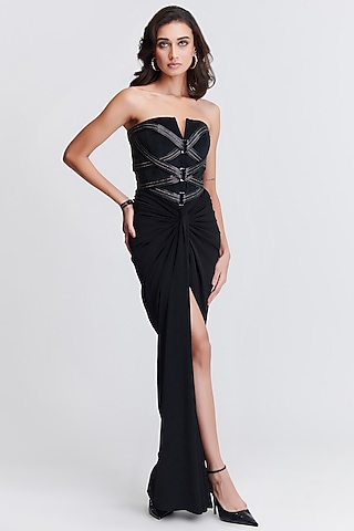 Black Poly Jersey Corset Gown Saree by S&N by Shantnu Nikhil