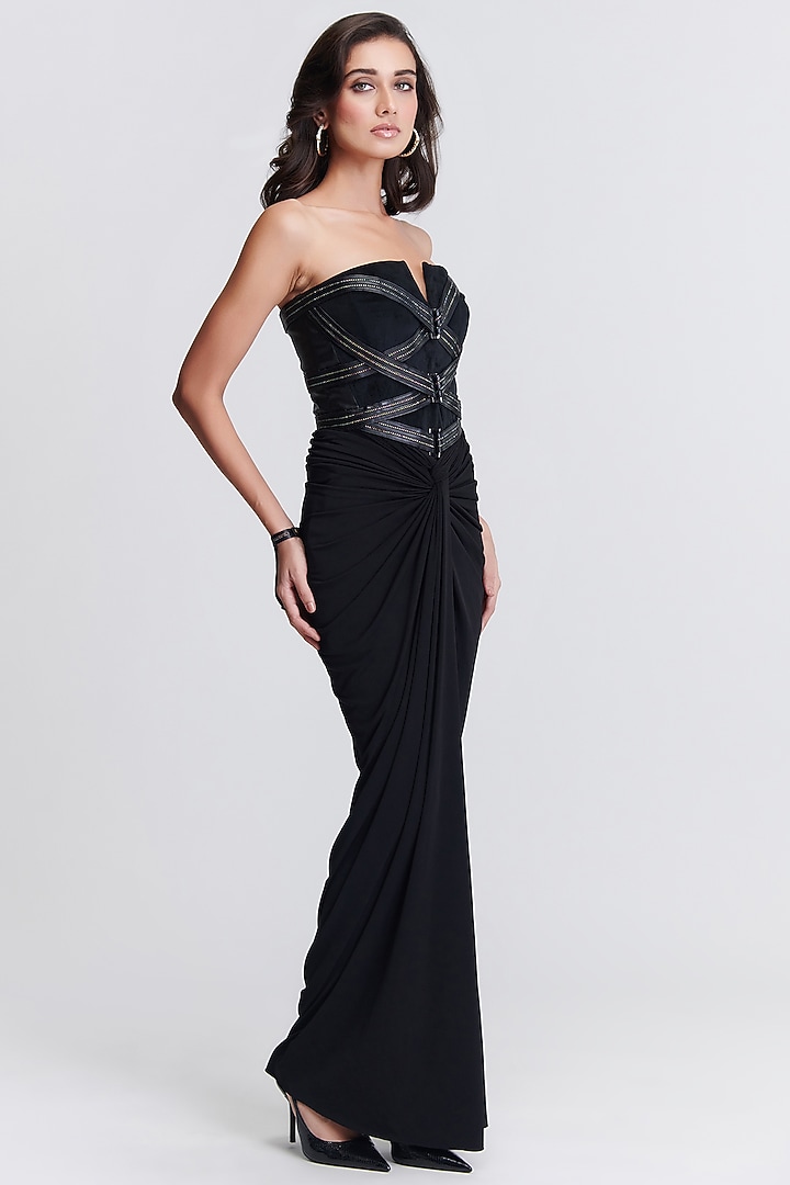 Black Poly Jersey Corset Wedding Gown Saree by S&N by Shantnu Nikhil at Pernia's Pop Up Shop