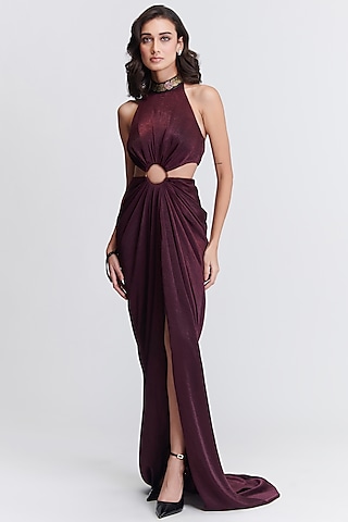 Plum Sandwash Satin Cut-Out Gown Saree by S&N by Shantnu Nikhil