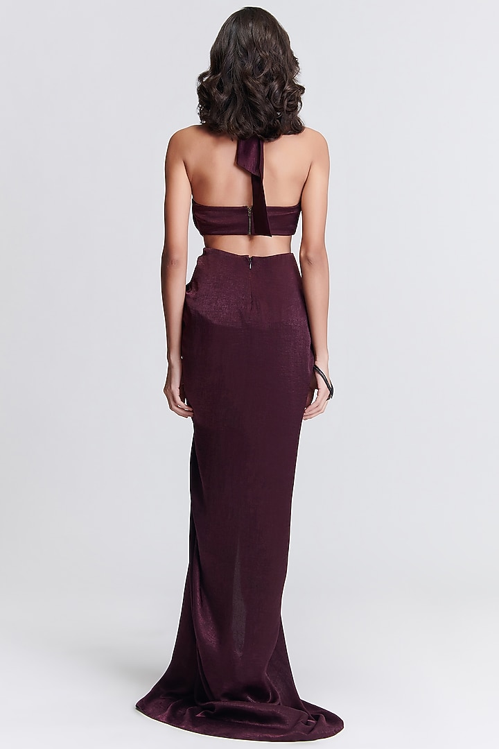 Plum Sandwash Satin Cut-Out Wedding Gown Saree by S&N by Shantnu Nikhil at Pernia's Pop Up Shop