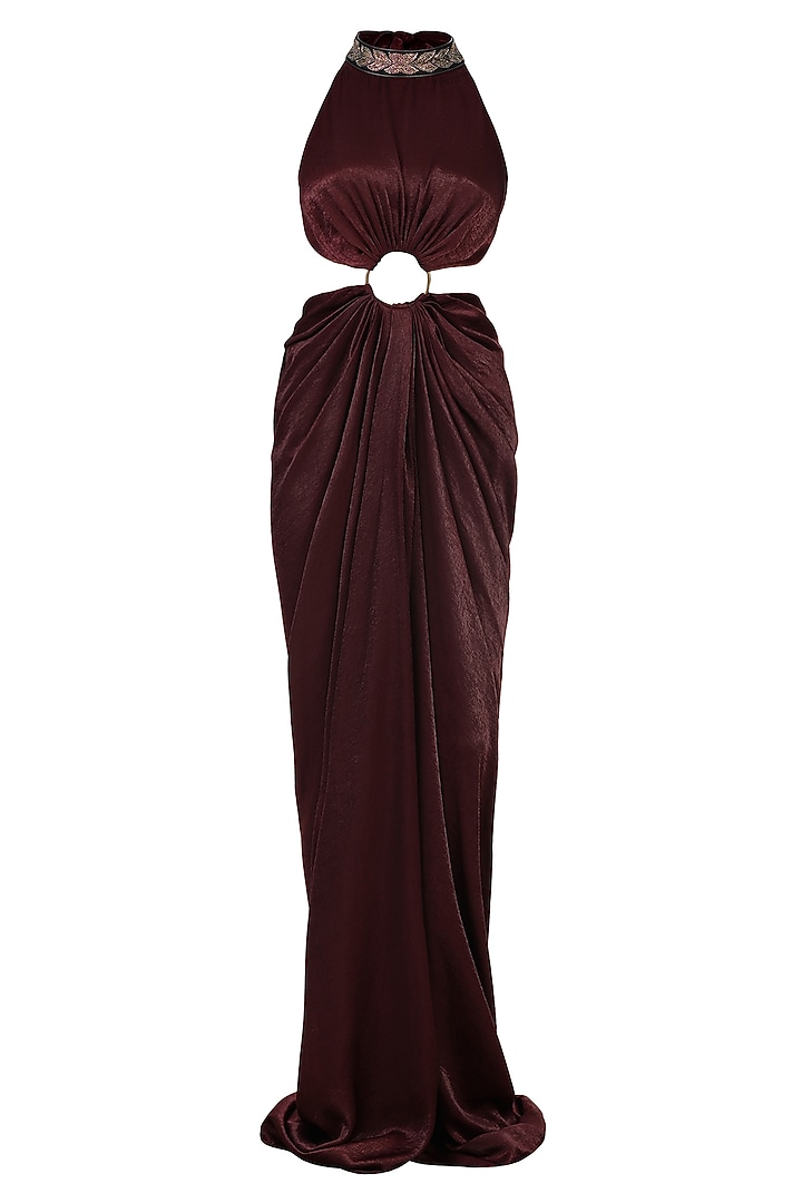 Plum Sandwash Satin Cut-Out Wedding Gown Saree by S&N by Shantnu Nikhil at Pernia's Pop Up Shop