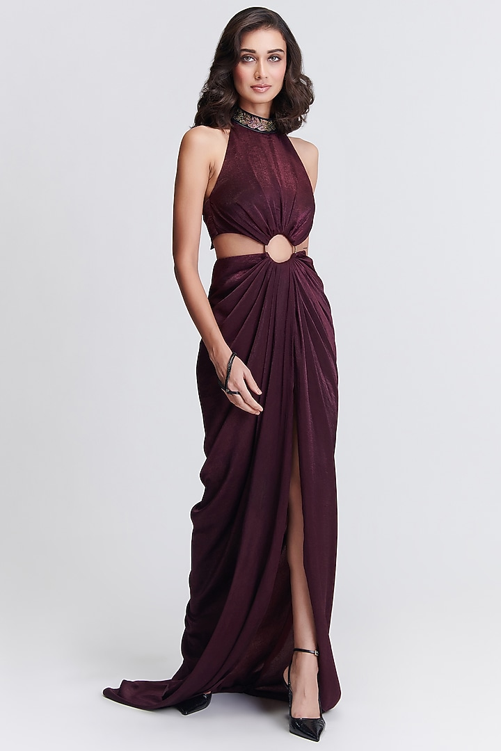 Plum Sandwash Satin Cut-Out Wedding Gown Saree by S&N by Shantnu Nikhil at Pernia's Pop Up Shop