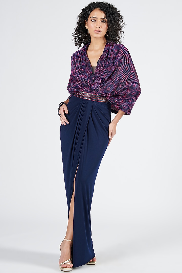 Navy Poly Satin & Poly Jersey Cape Wedding Gown Saree by S&N by Shantnu Nikhil at Pernia's Pop Up Shop