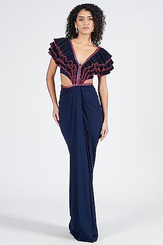 Navy Poly Satin & Poly Jersey Gown Saree by S&N by Shantnu Nikhil