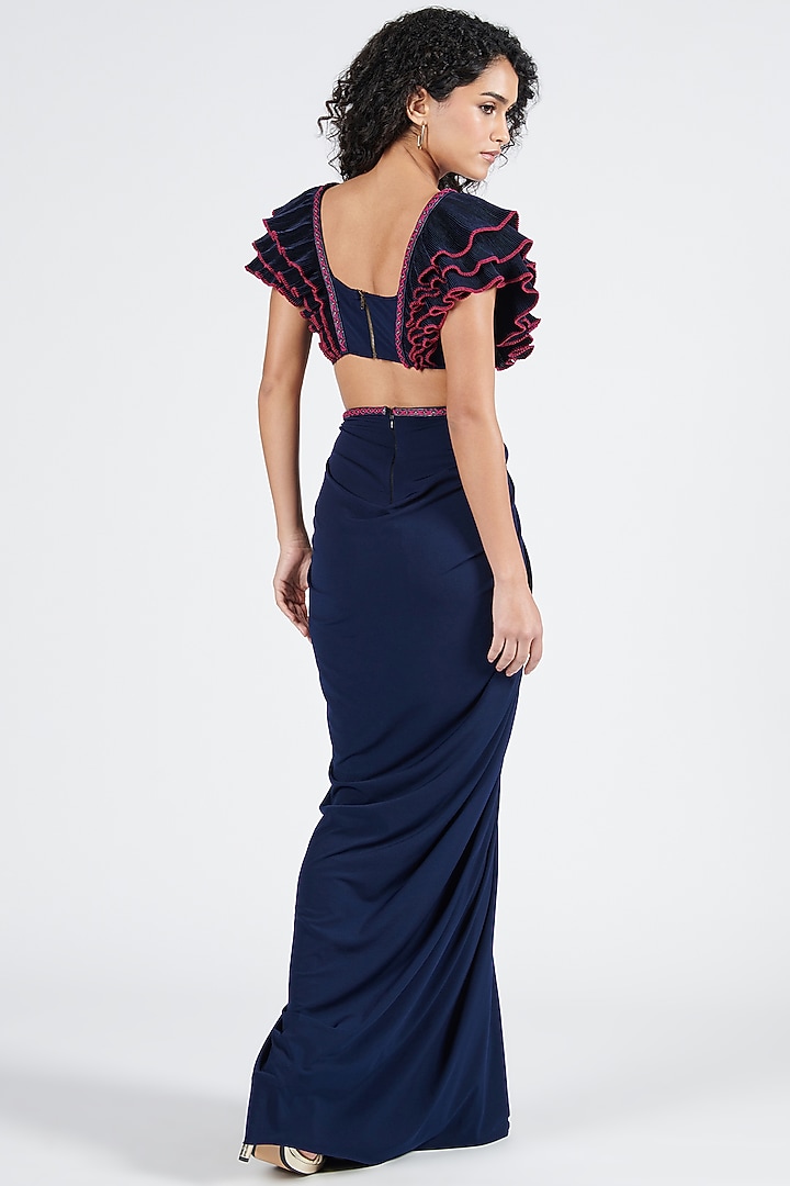 Navy Poly Satin & Poly Jersey Wedding Gown Saree by S&N by Shantnu Nikhil at Pernia's Pop Up Shop