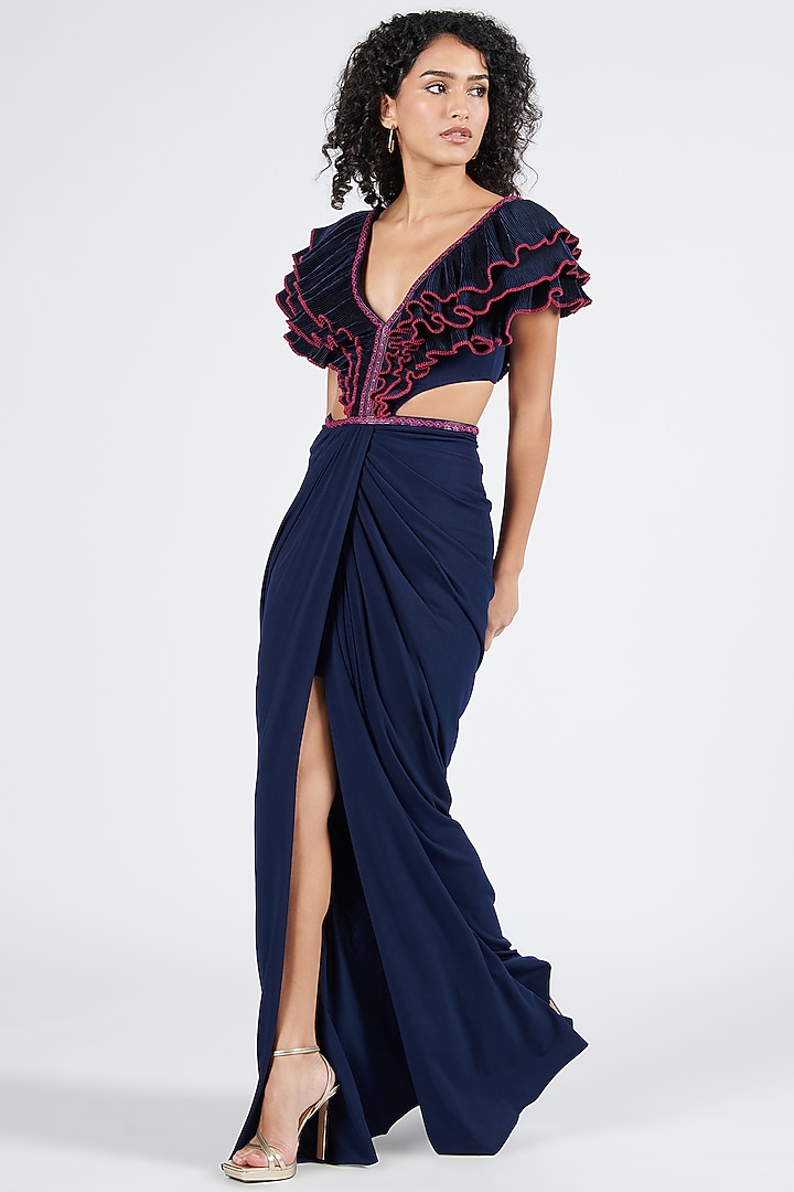Navy Poly Satin & Poly Jersey Wedding Gown Saree by S&N by Shantnu Nikhil at Pernia's Pop Up Shop