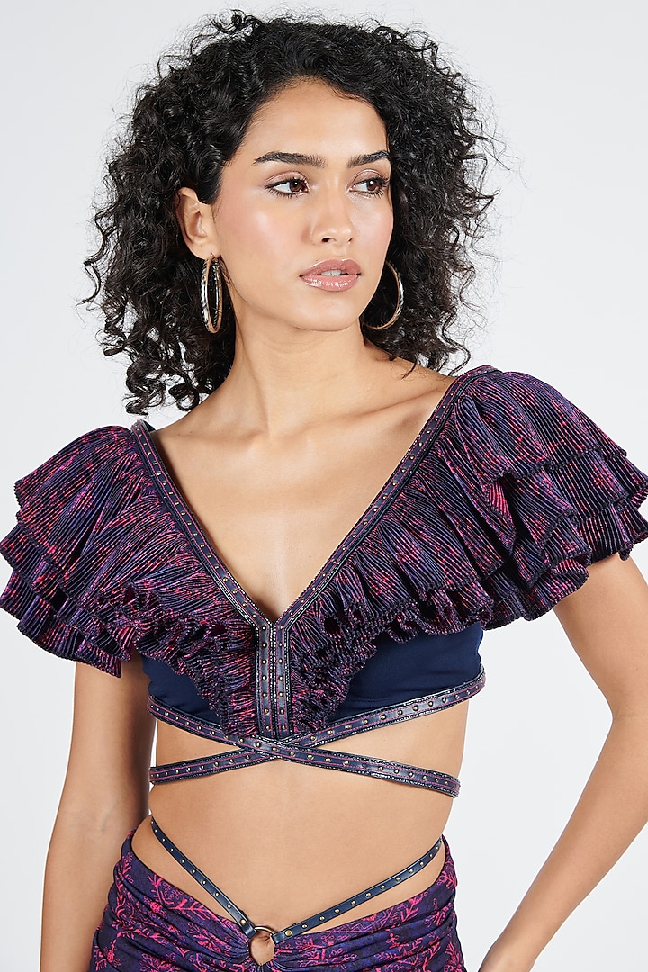 Navy Poly Satin & Poly Jersey Printed Crop Top by S&N by Shantnu Nikhil