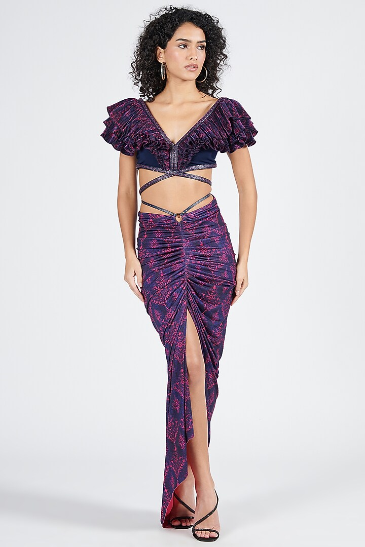 Navy Poly Satin & Poly Jersey Printed Crop Top by S&N by Shantnu Nikhil at Pernia's Pop Up Shop