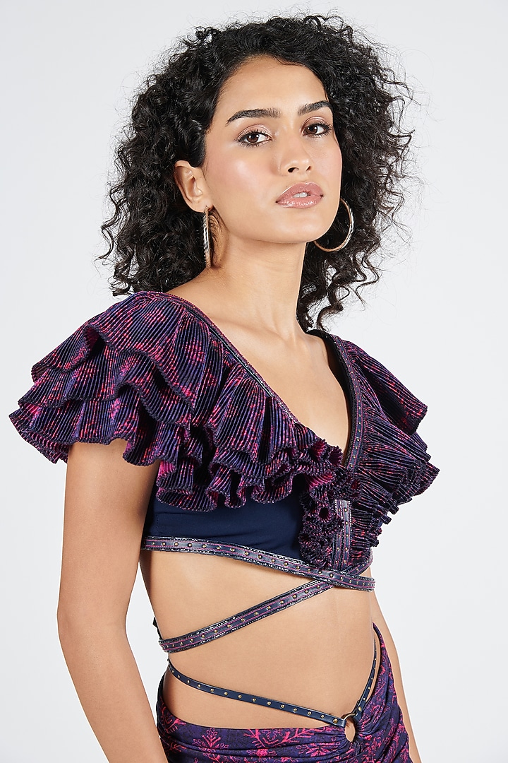 Navy Poly Satin & Poly Jersey Printed Crop Top by S&N by Shantnu Nikhil at Pernia's Pop Up Shop