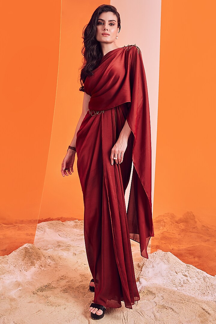 Rust Poly Blend Gown Saree by S&N by Shantnu Nikhil