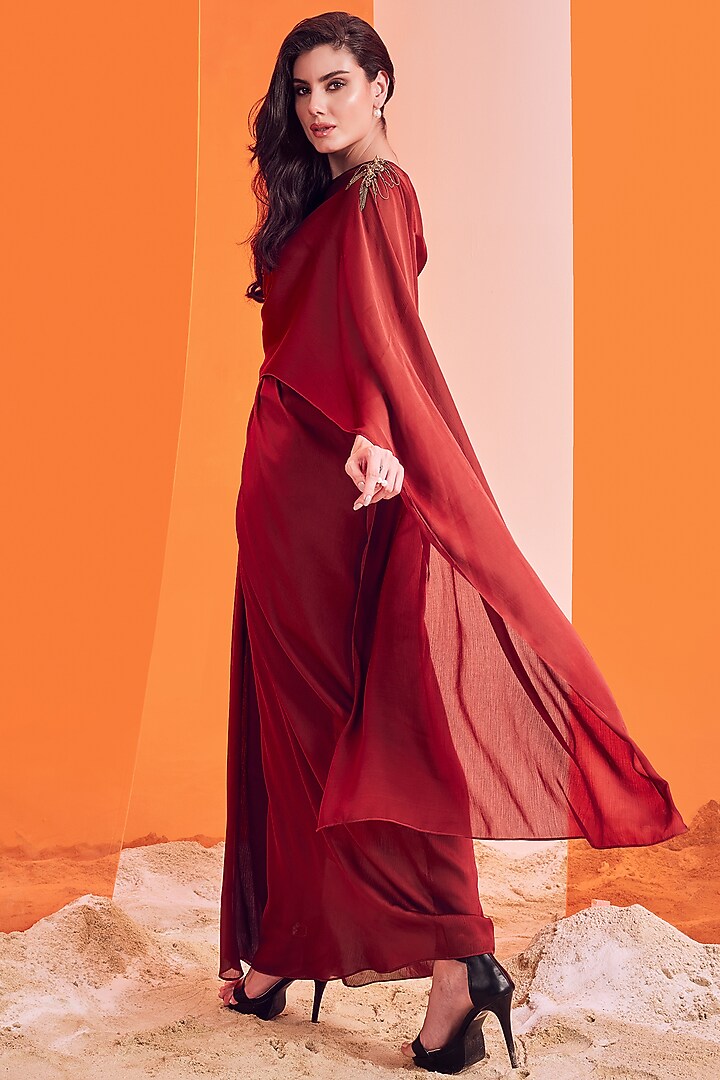 Rust Poly Blend Wedding Gown Saree by S&N by Shantnu Nikhil at Pernia's Pop Up Shop