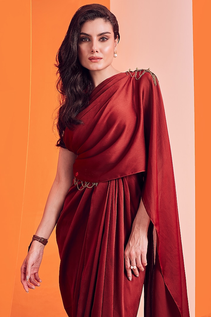 Rust Poly Blend Wedding Gown Saree by S&N by Shantnu Nikhil at Pernia's Pop Up Shop
