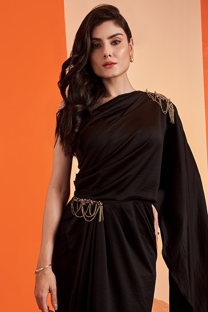 Black Crepe Embellished Wedding Gown Saree by S&N by Shantnu Nikhil at Pernia's Pop Up Shop