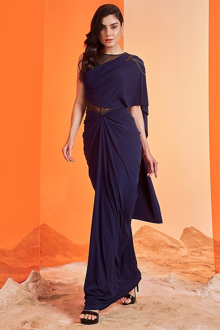 Navy Poly Jersey Gown Saree by S&N by Shantnu Nikhil