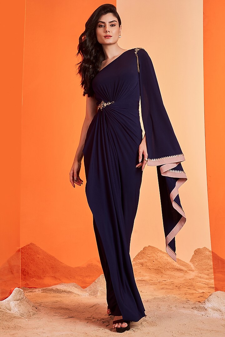 Navy Poly Jersey Draped Wedding Gown Saree by S&N by Shantnu Nikhil at Pernia's Pop Up Shop