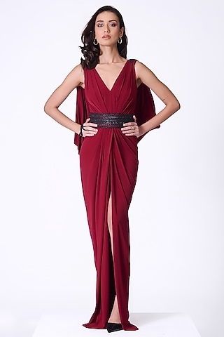 Cherry Red Poly Jersey Gown Saree by S&N by Shantnu Nikhil