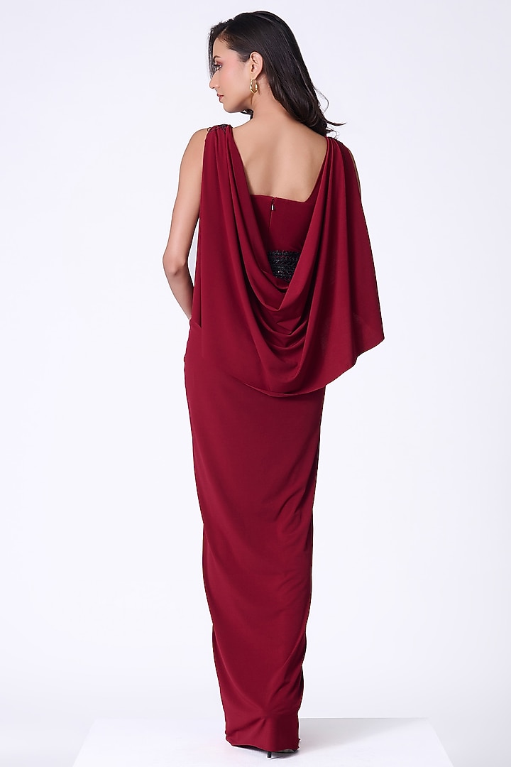 Cherry Red Poly Jersey Wedding Gown Saree by S&N by Shantnu Nikhil at Pernia's Pop Up Shop