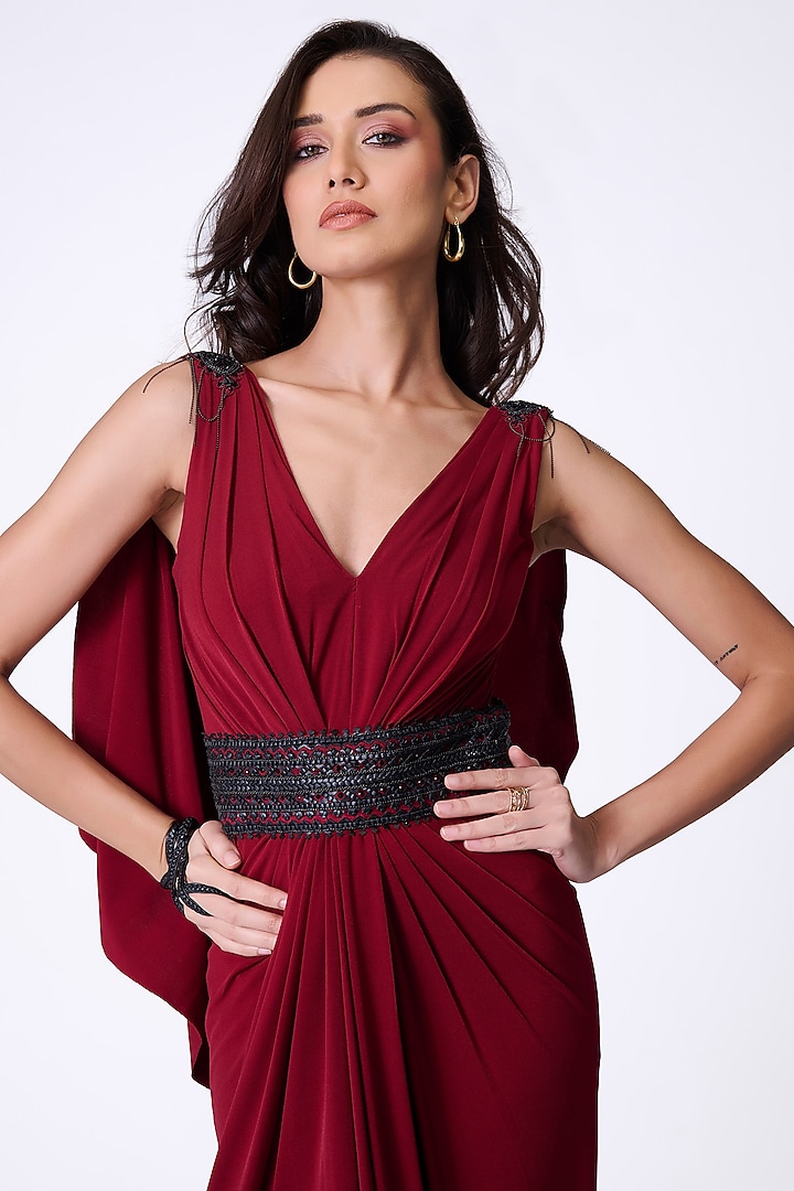 Cherry Red Poly Jersey Wedding Gown Saree by S&N by Shantnu Nikhil at Pernia's Pop Up Shop