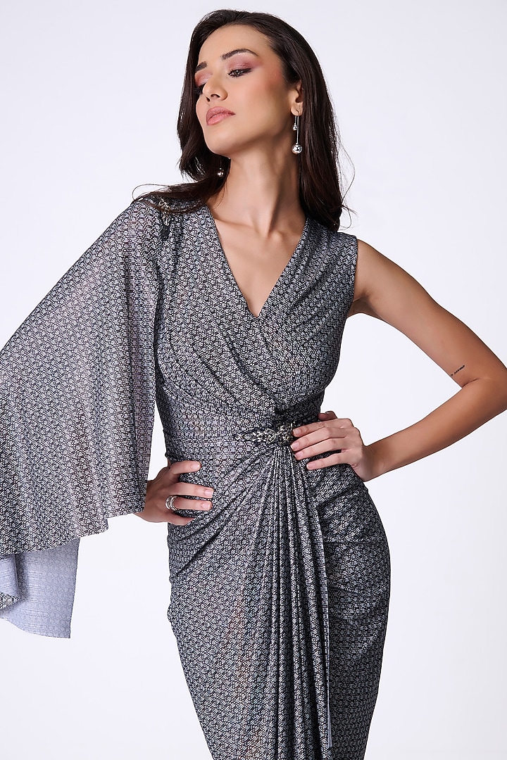 Grey Lurex Printed & Embroidered Cocktail Dress by S&N by Shantnu Nikhil at Pernia's Pop Up Shop
