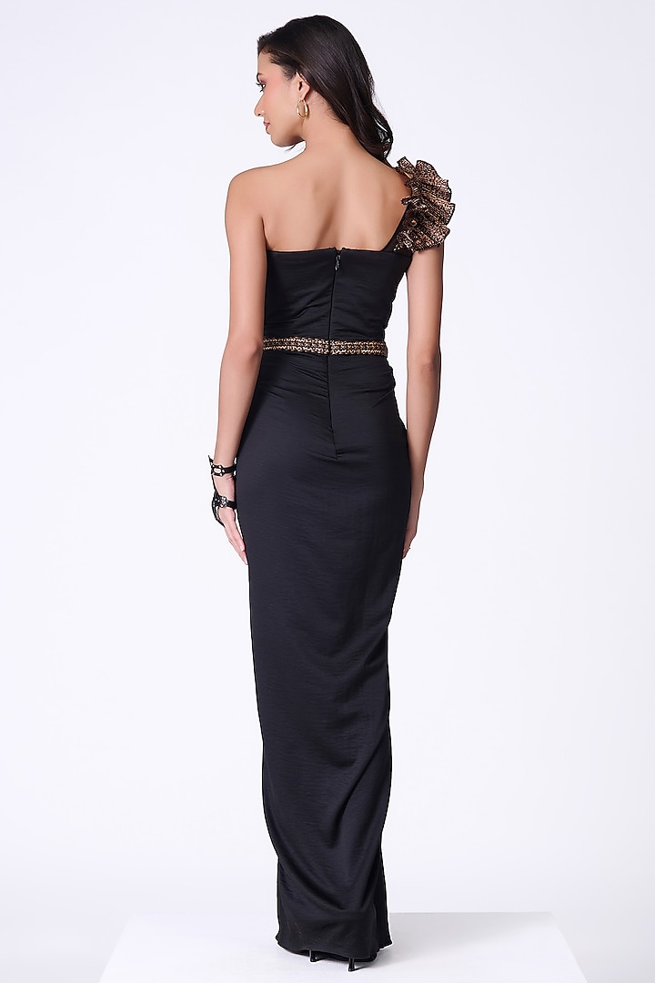 Black Panther Crepe Printed One-Shoulder Wedding Gown Saree by S&N by Shantnu Nikhil at Pernia's Pop Up Shop