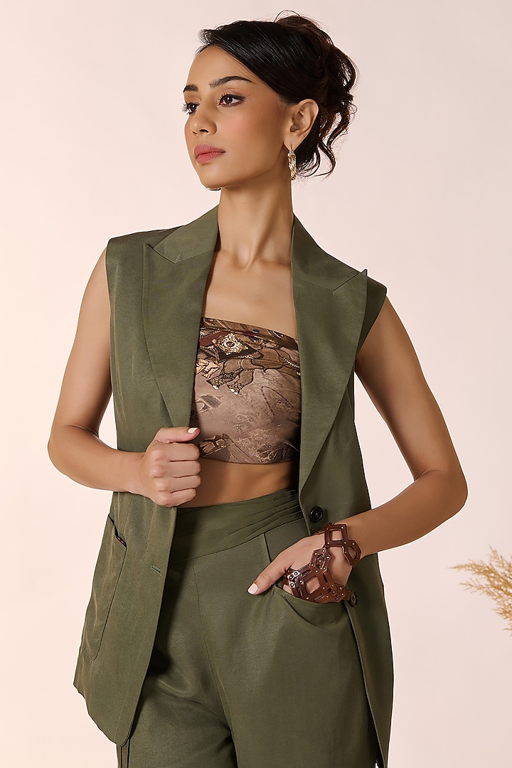 Olive Green Lyocell Waistcoat by S&N by Shantnu Nikhil at Pernia's Pop Up Shop