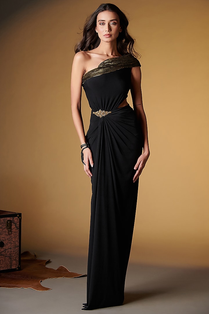 Black Poly Jersey Embellished One-Shoulder Gown Saree by S&N by Shantnu Nikhil at Pernia's Pop Up Shop