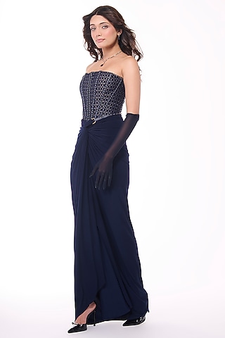 Navy Soda Satin Printed Structured Corset by S&N by Shantnu Nikhil