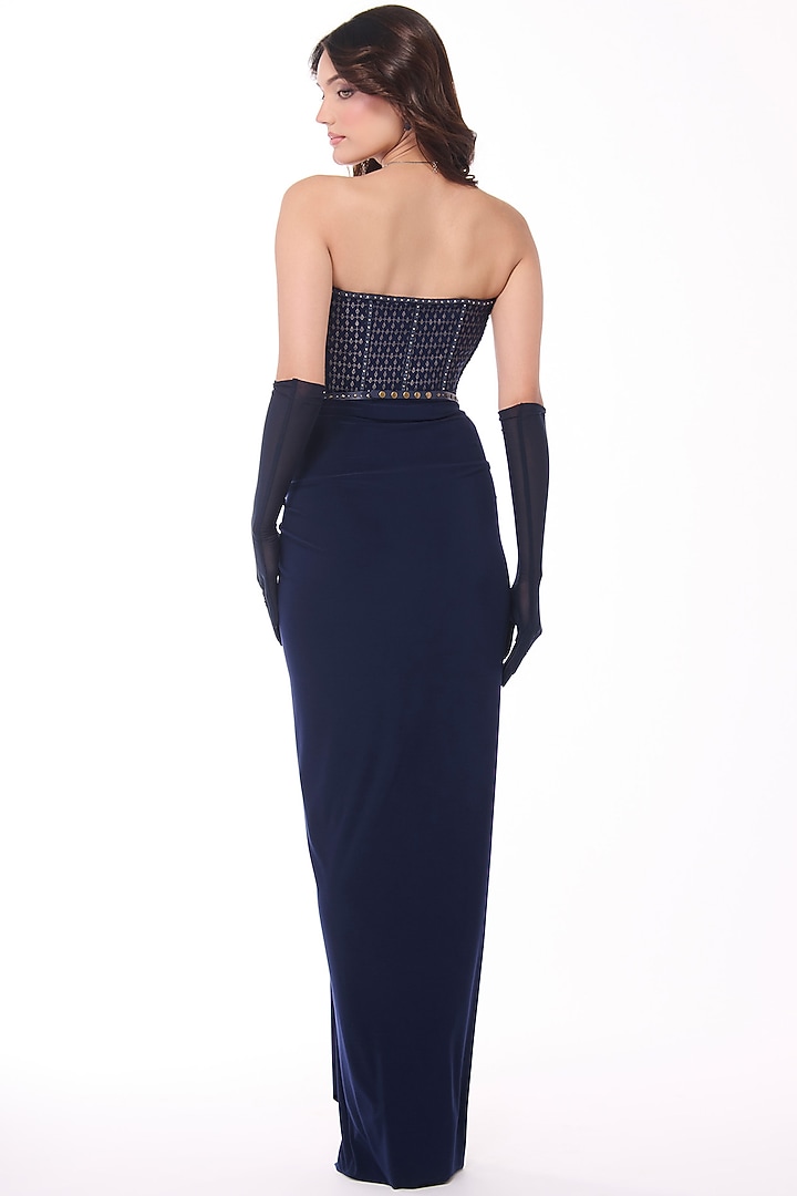 Navy Soda Satin Printed Structured Corset by S&N by Shantnu Nikhil at Pernia's Pop Up Shop