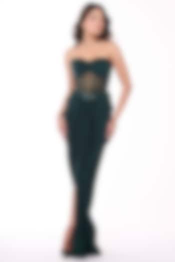 Emerald Green Jersey & Sheer Net Pleated Corset by S&N by Shantnu Nikhil at Pernia's Pop Up Shop