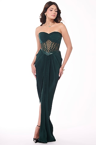 Emerald Green Jersey & Sheer Net Pleated Corset by S&N by Shantnu Nikhil