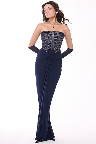 Navy Jersey Asymmetrical Draped Skirt by S&N by Shantnu Nikhil