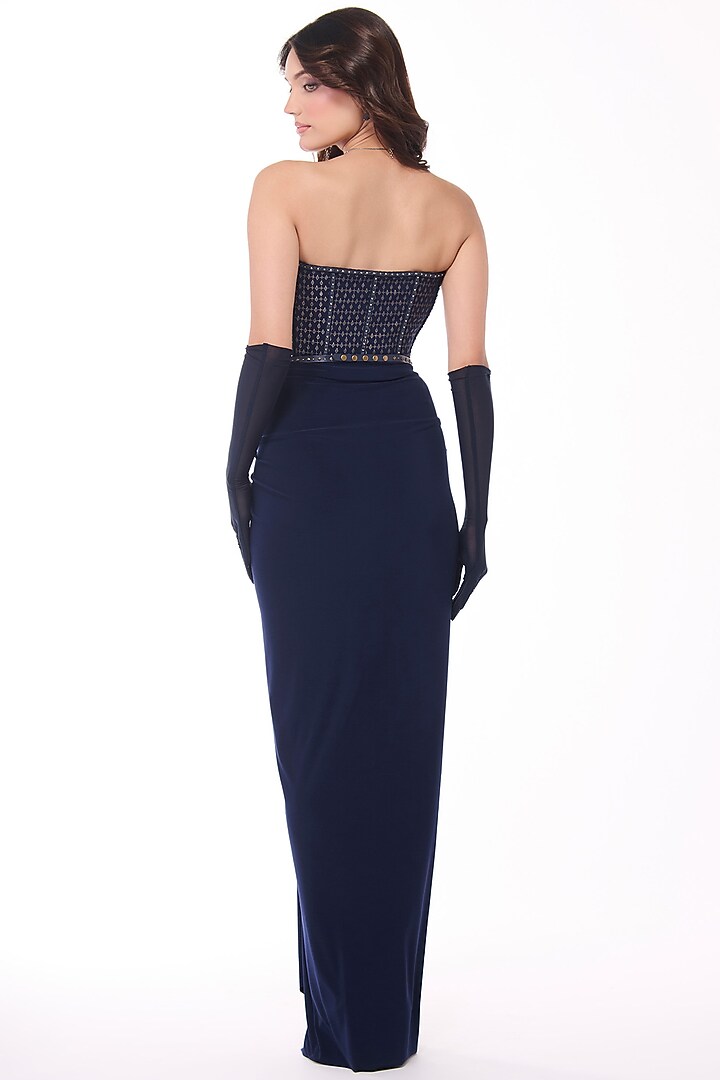 Navy Jersey Asymmetrical Draped Skirt by S&N by Shantnu Nikhil at Pernia's Pop Up Shop