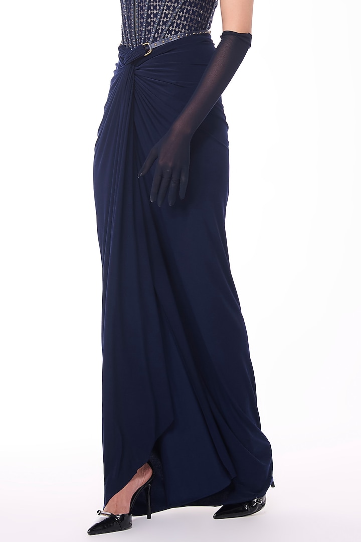 Navy Jersey Asymmetrical Draped Skirt by S&N by Shantnu Nikhil at Pernia's Pop Up Shop