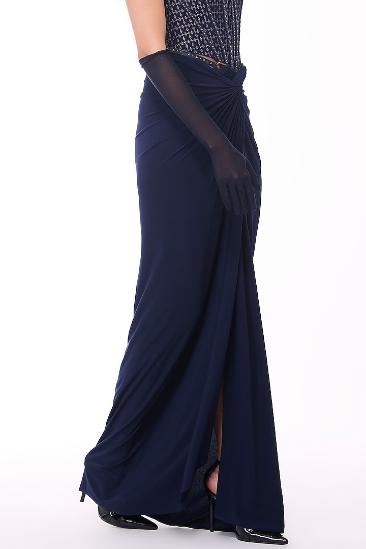 Navy Jersey Asymmetrical Draped Skirt by S&N by Shantnu Nikhil at Pernia's Pop Up Shop