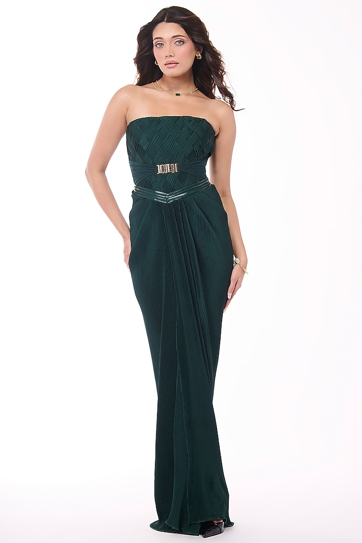 Emerald Green Soda Satin Pleated Draped Skirt by S&N by Shantnu Nikhil at Pernia's Pop Up Shop