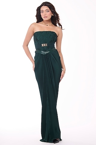 Emerald Green Soda Satin Pleated Draped Skirt by S&N by Shantnu Nikhil