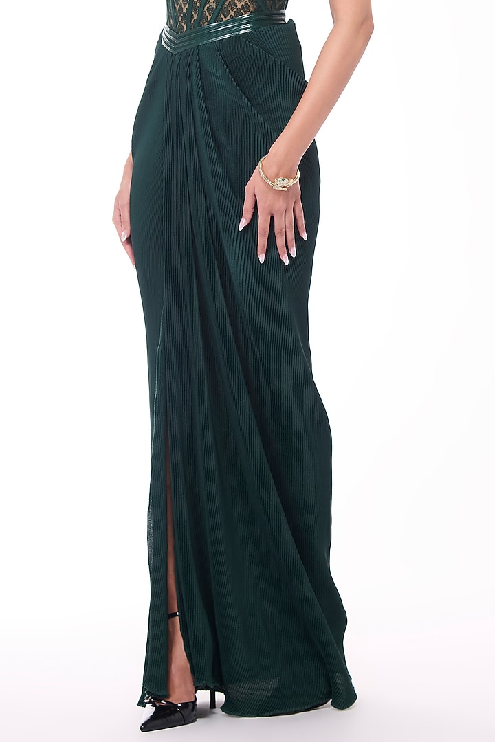 Emerald Green Soda Satin Pleated Draped Skirt by S&N by Shantnu Nikhil at Pernia's Pop Up Shop