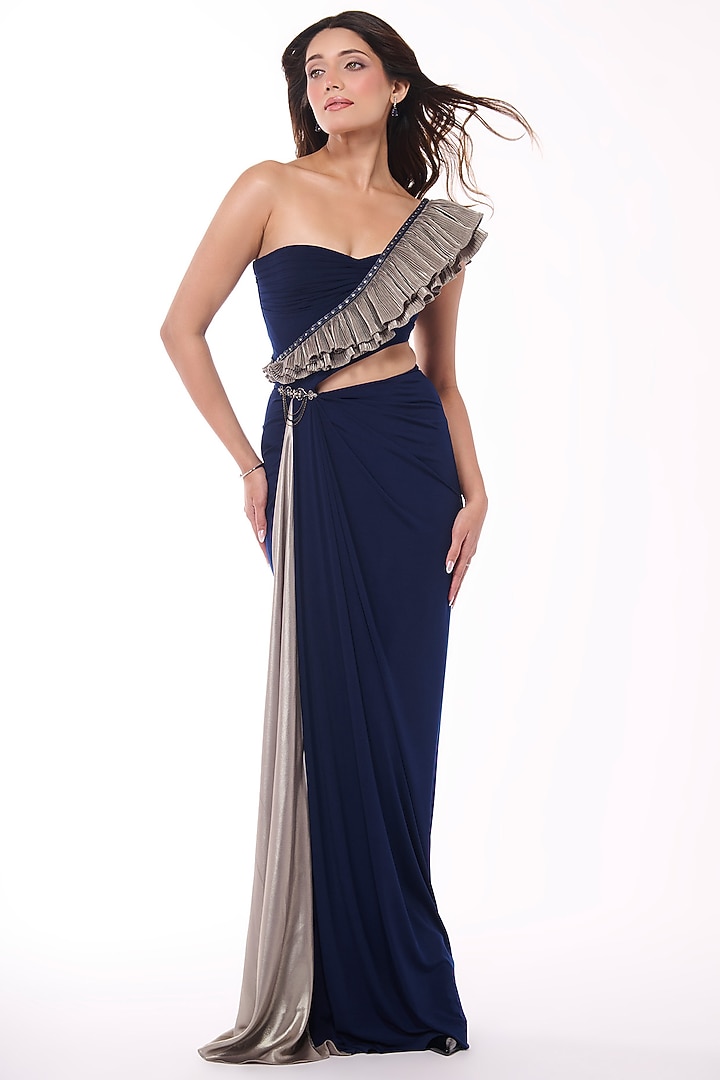 Navy Jersey One-Shoulder Ruffled Wedding Gown Saree by S&N by Shantnu Nikhil at Pernia's Pop Up Shop