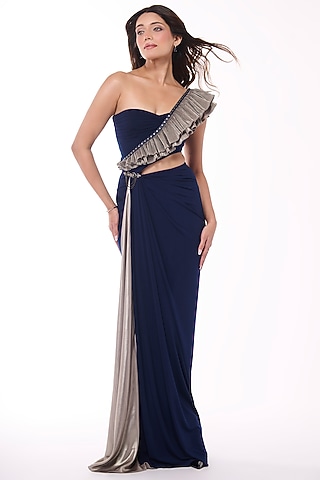 Navy Jersey One-Shoulder Ruffled Gown Saree by S&N by Shantnu Nikhil