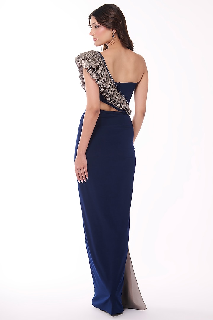 Navy Jersey One-Shoulder Ruffled Wedding Gown Saree by S&N by Shantnu Nikhil at Pernia's Pop Up Shop