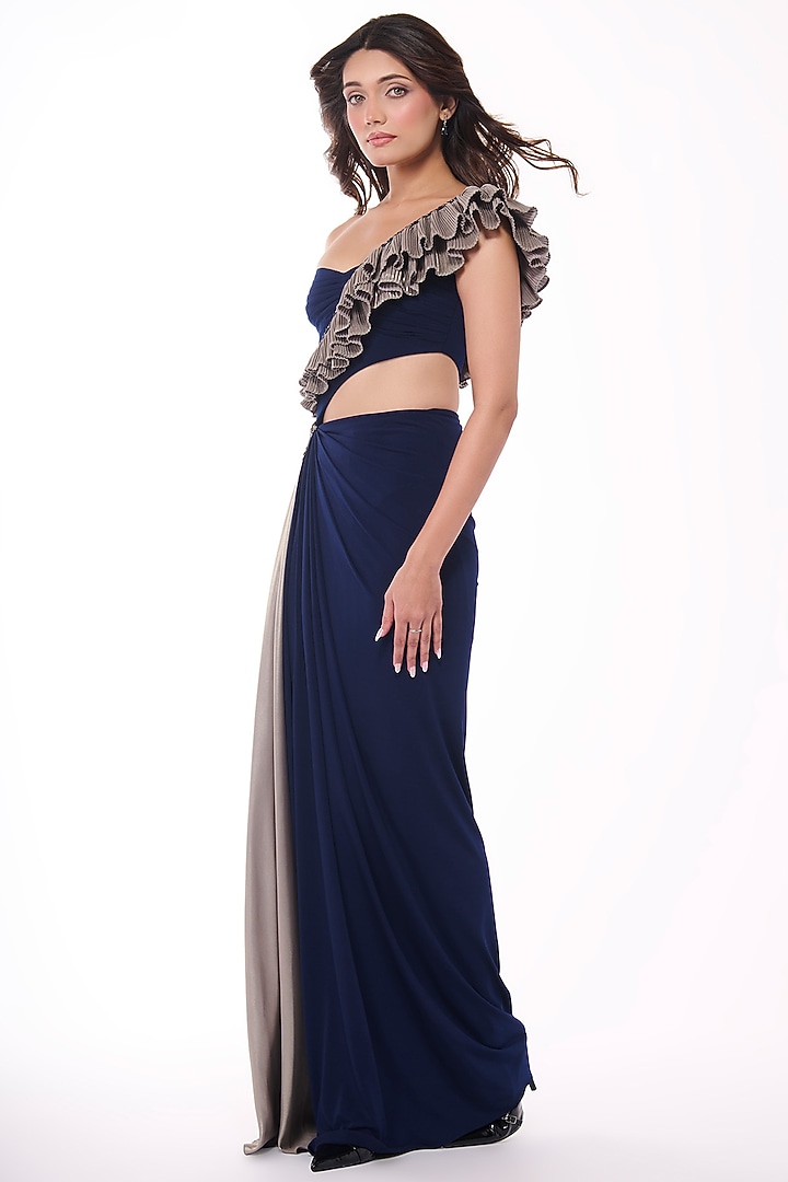 Navy Jersey One-Shoulder Ruffled Wedding Gown Saree by S&N by Shantnu Nikhil at Pernia's Pop Up Shop