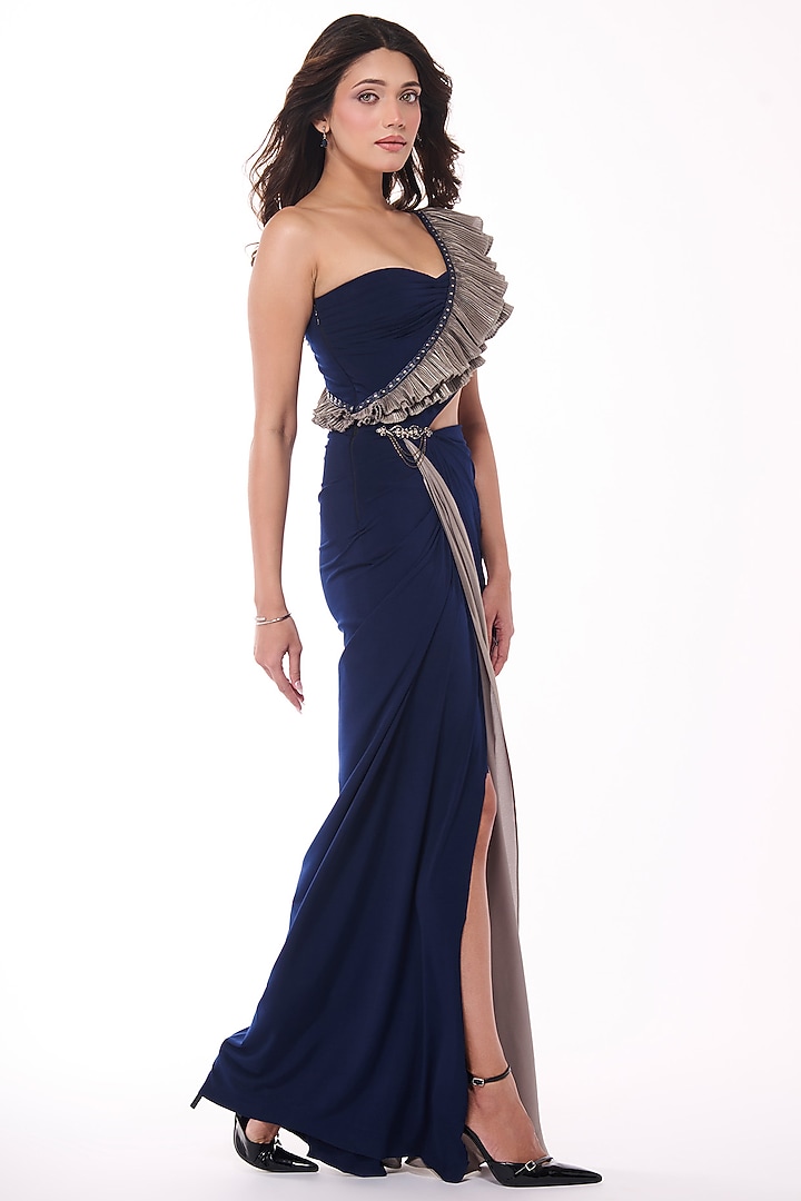 Navy Jersey One-Shoulder Ruffled Wedding Gown Saree by S&N by Shantnu Nikhil at Pernia's Pop Up Shop