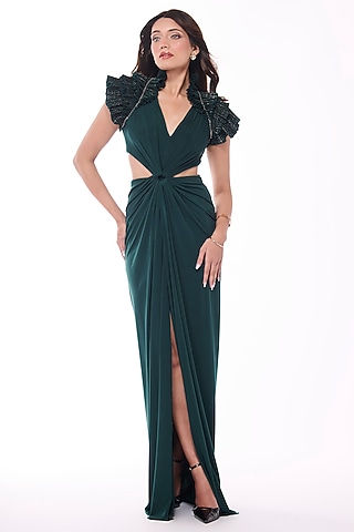 Emerald Jersey Ruffled Gown Saree by S&N by Shantnu Nikhil