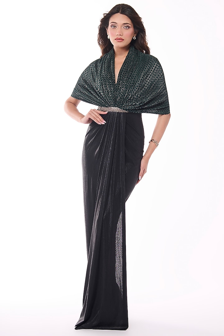 Emerald Jersey & Soda Satin Printed Draped Wedding Gown Saree by S&N by Shantnu Nikhil at Pernia's Pop Up Shop