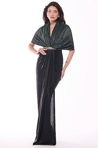 Emerald Jersey & Soda Satin Printed Draped Gown Saree by S&N by Shantnu Nikhil