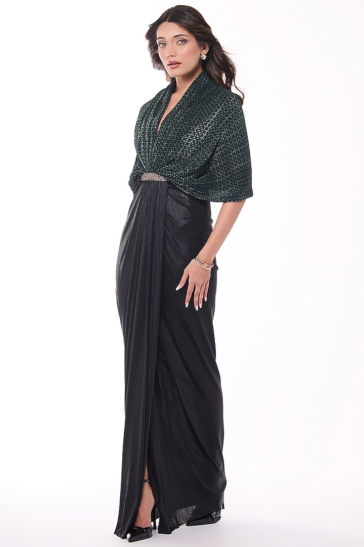 Emerald Jersey & Soda Satin Printed Draped Wedding Gown Saree by S&N by Shantnu Nikhil at Pernia's Pop Up Shop