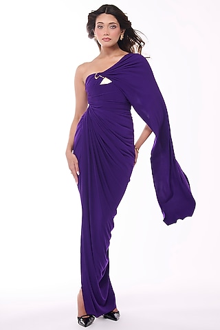 Purple Jersey One-Shoulder Draped Gown Saree by S&N by Shantnu Nikhil
