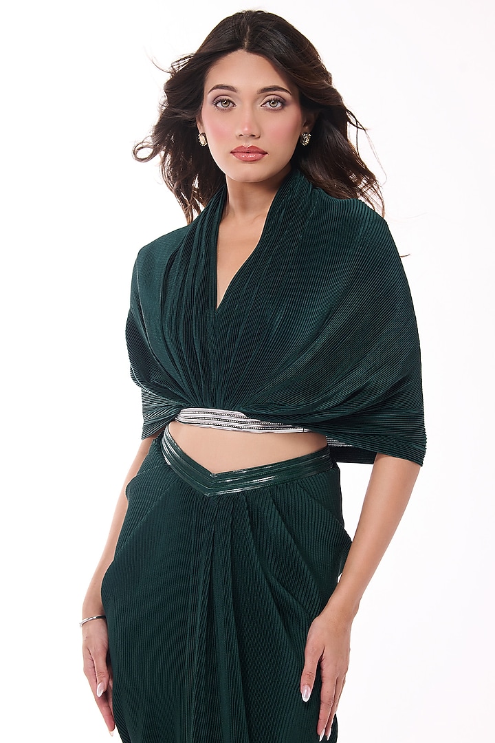 Emerald Soda Satin Pleated Cape Shirt by S&N by Shantnu Nikhil at Pernia's Pop Up Shop
