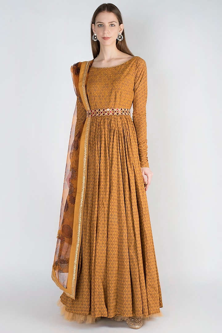 Mustard Printed Anarkali Gown With Dupatta by Natasha J