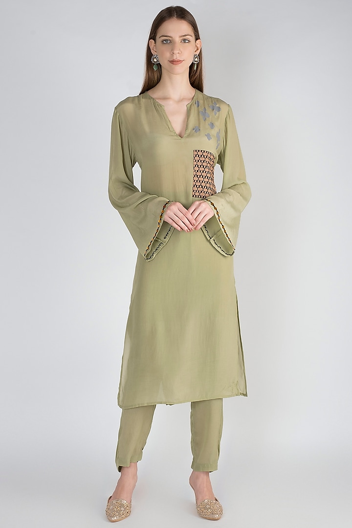 Sage Green Printed Kurta With Pants by Natasha J